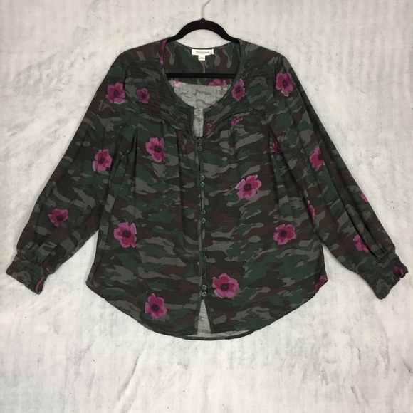 Beach Lunch Lounge Camo Floral Button Up Top Large Elastic Wrist Viscose Shirt - Picture 1 of 14